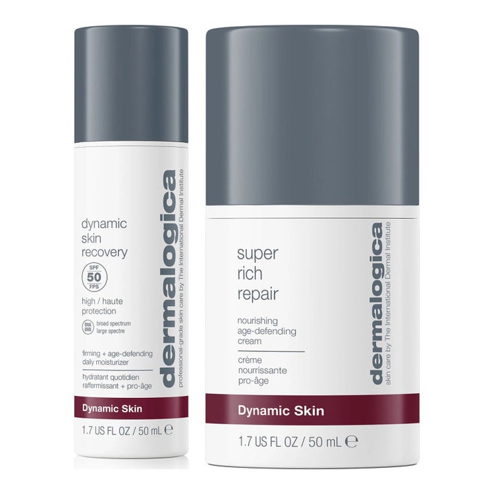 Dermalogica Super Rich Repair och Dynamic Skin Recovery 50 ml ger anti-age föryngring i vita flaskor med silverlock.