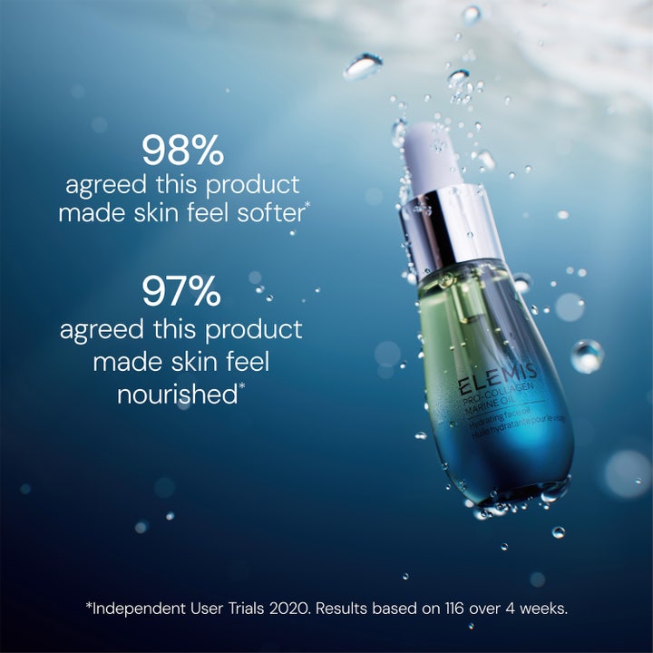 Elemis Pro-Collagen Marine Oil 15 ml ansiktsolja för mogen hud i vatten med text om mjukare och närd hy.