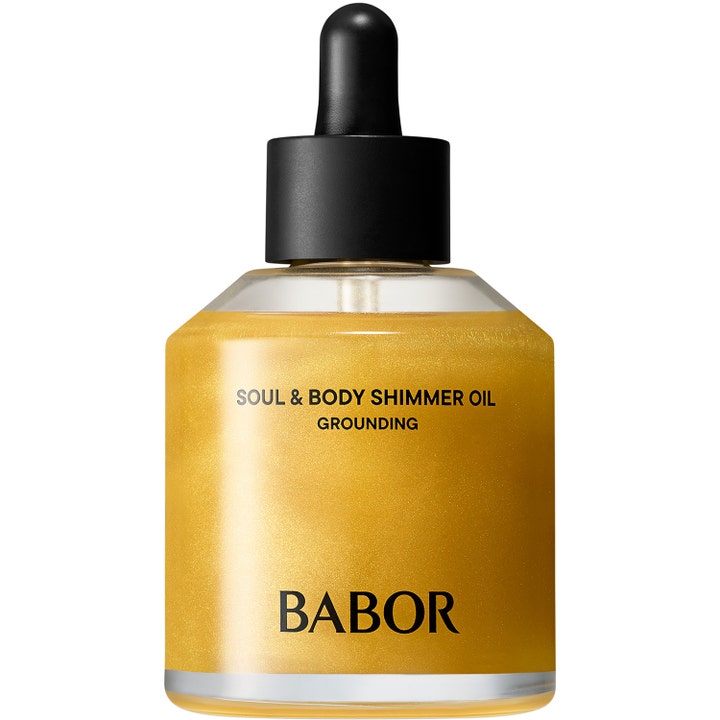 Babor Soul & Body Shimmer Oil Grounding shimmerolja i glasflaska med svart pipett som ger huden lyster.