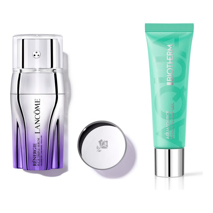 Biotherm Hyalu Plump Gel och Lancôme Rénergie H.C.F. Triple Serum återfuktande hudvård i mintgrön tub och lila flaska.
