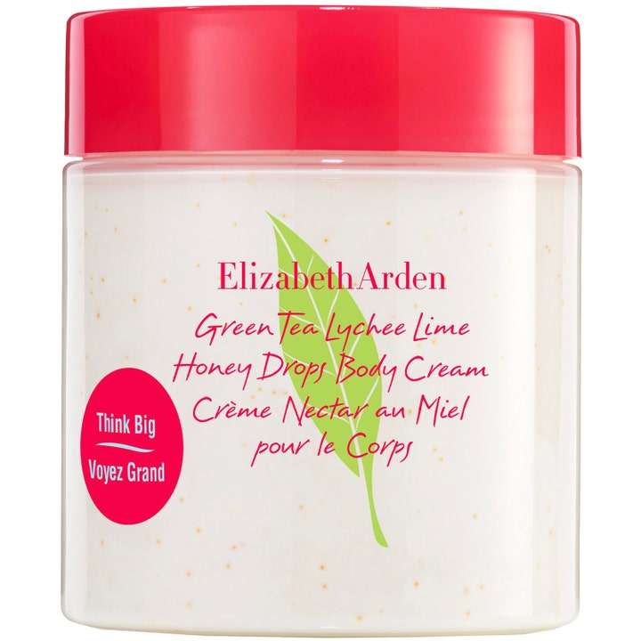 Elizabeth Arden återfuktande kroppskräm Green Tea Lychee Lime Honey Drops med fräsch doft i burk med rosa lock.
