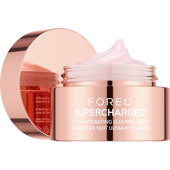 FOREO SUPERCHARGED Ultra-Hydrating Sleeping Mask 75 ml återfuktande ansiktsmask natt i roséguldfärgad burk med ljusrosa gel