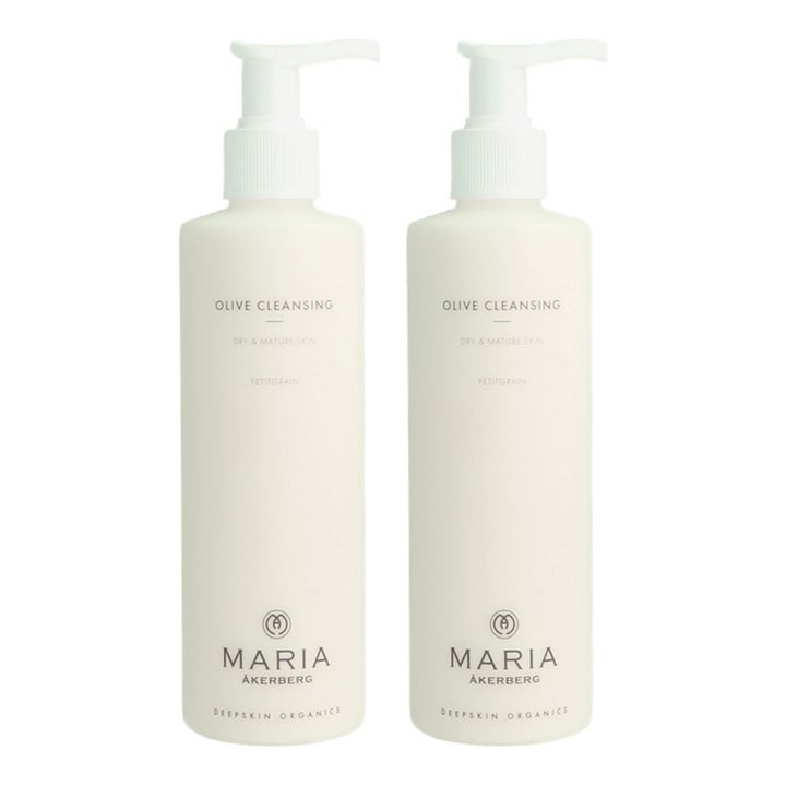 Maria Åkerberg Olive Cleansing olivrengöringskräm ger Maria Åkerberg djuprengöring för mogen hud i två vita pumpflaskor.