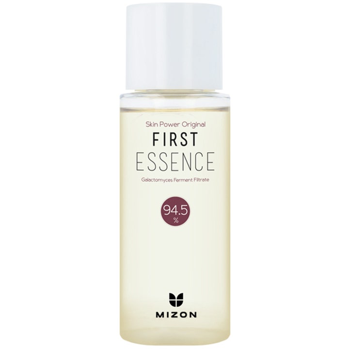 Mizon Skin Power Original First Essence 80 ml återfuktande fermenterad ansiktsessens i genomskinlig flaska med vitt lock