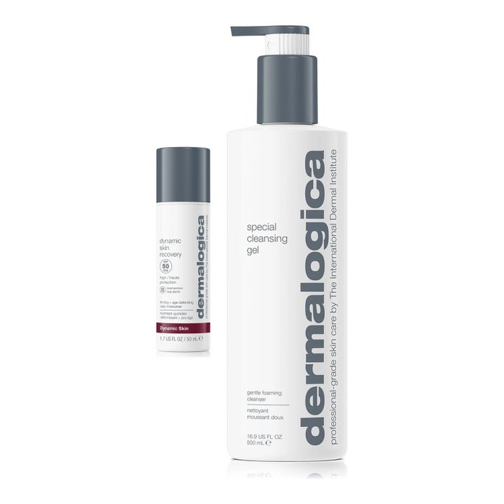 Dermalogica Special Cleansing Gel och Dynamic Skin Recovery 50 ml anti-rynk solskyddskräm ansikte i vita flaskor
