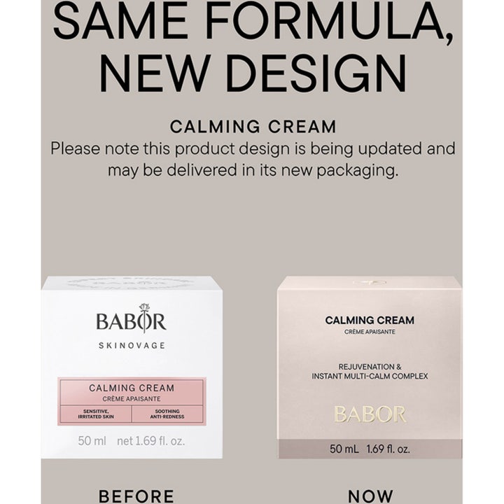 Babor Calming Cream 50 ml anti-rödhet ansiktskräm på vita podier bredvid matchande serum och en rosa vas.