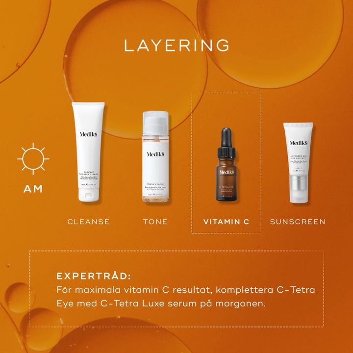 Medik8 C-Tetra Eye 7 ml c vitamin anti aging ögon serum i brun glasflaska som del av en morgonrutin
