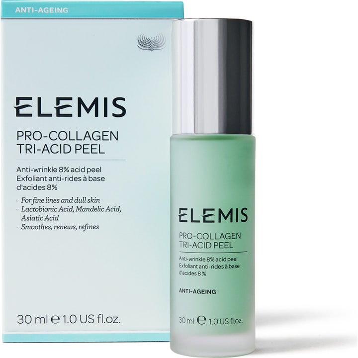 Elemis Pro-Collagen Tri-Acid Peel 30 ml kemisk peeling hemma i ljusblå förpackning och frostad glasflaska med silverlock.