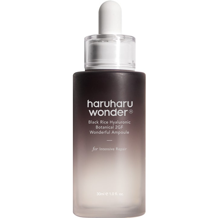 Haruharu Wonder Black Rice Hyaluronic 30 ml botanisk hyaluronsyra ampull i tonad glasflaska med vit pipett.