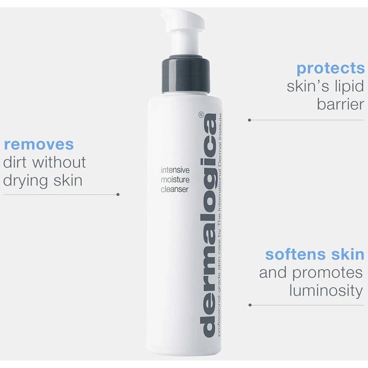 Dermalogica Intensive Moisture Cleanser Duo 2x150 ml rengöring som skyddar hudbarriären i vit pumpflaska med blå text.