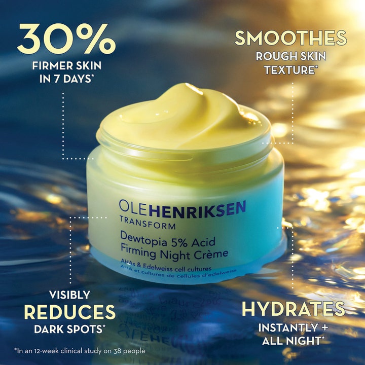 Ole Henriksen Dewtopia 5% Acid Firming Night Crème 50 ml återfuktande nattkräm för fast hud i en gul burk i vatten.