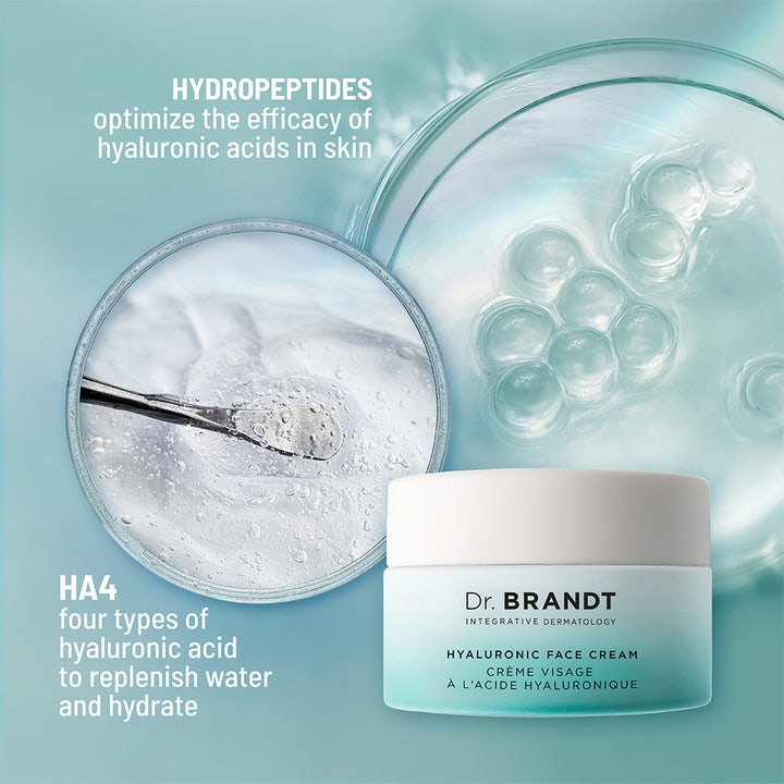 Dr Brandt Hyaluronic Face Cream 50 g dermatologisk återfuktande ansiktskräm visar närbild på formula med hydropeptider