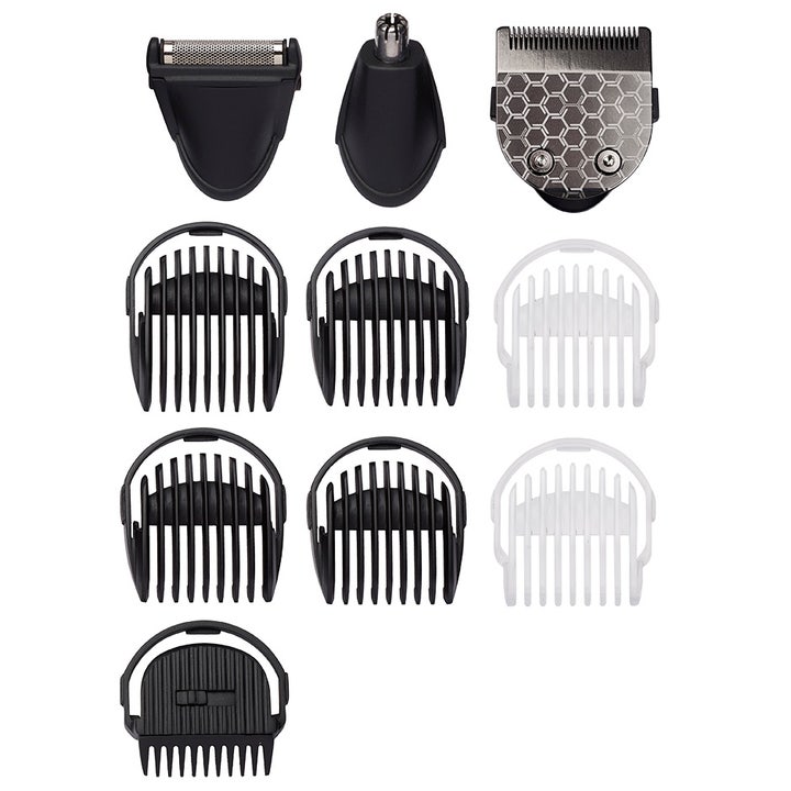 BaByliss Carbon Titanium 10-in-1 1 st 10-i-1 multitrimmer med svarta och vita tillbehör som ger en mångsidig rakning