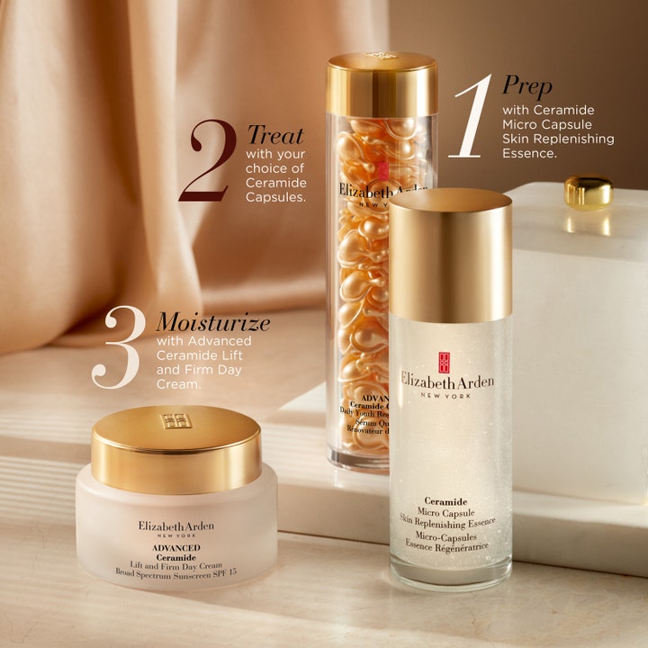 Elizabeth Arden Ceramide Lift & Firm Day Cream 50 ml ger ansiktslyft med ceramider SPF 15 i frostad burk med guldlock.