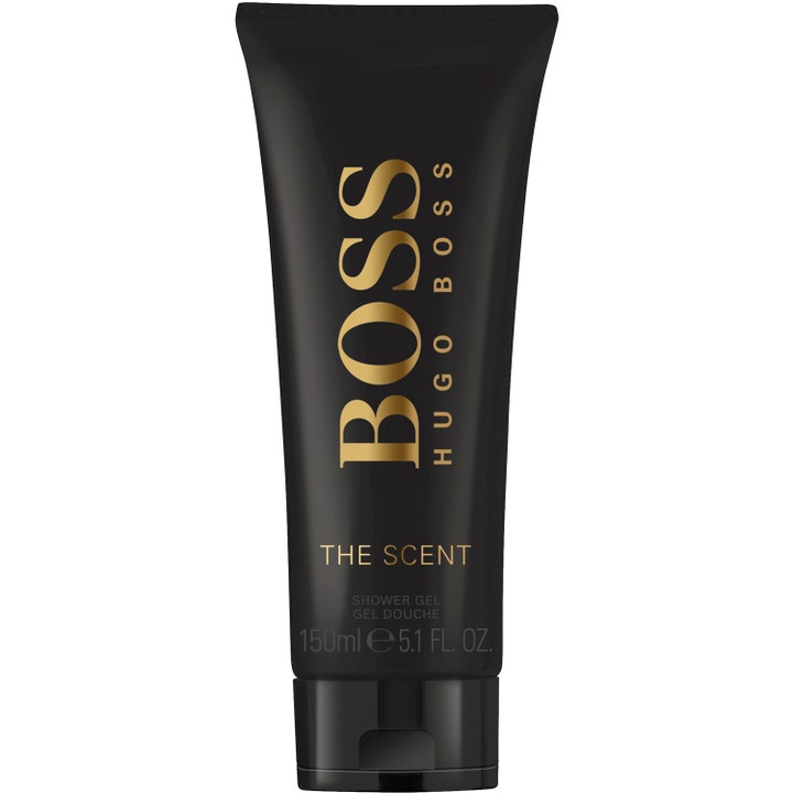 Hugo Boss The Scent 150ml väldoftande duschgel i en stilren svart plasttub med lyxig guldskrift.