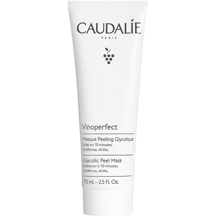 Caudalie Vinoperfect Glycolic Peel Mask 75 ml exfolierande peelmask med glykolsyra i en vit tub som ger huden lyster.