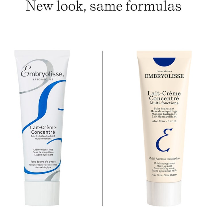 Embryolisse Lait-Crème Concentré 75 ml ansiktskräm visar gammal och ny design med texten New look same formulas