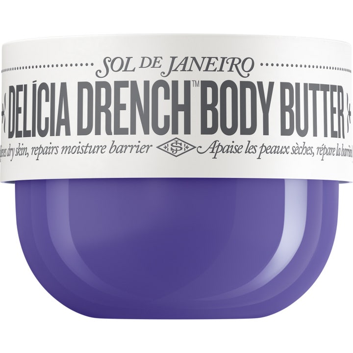 Sol de Janeiro Delícia Drench Body Butter återfuktande hudvård i en lila burk för extremt torr hud