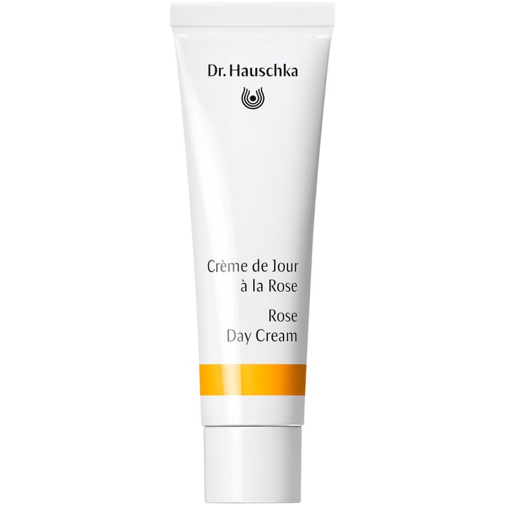 Dr. Hauschka Rose Day Cream återfuktande ansiktskräm naturliga ingredienser i en vit tub med en orange rand