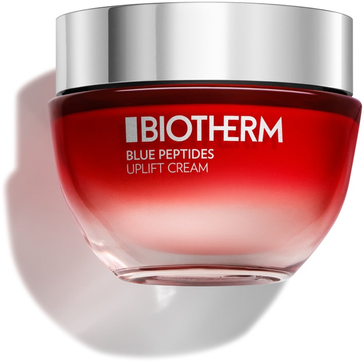 Biotherm Blue Peptides Uplift Cream ansiktskräm för konturförbättring med blå peptider i en röd glasburk med silverlock