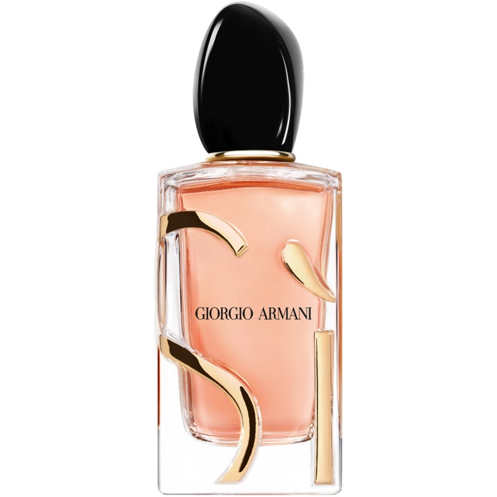 Giorgio Armani Si Intense 100ml parfym i glasflaska med persikofärgad vätska, gulddekor och svart kork