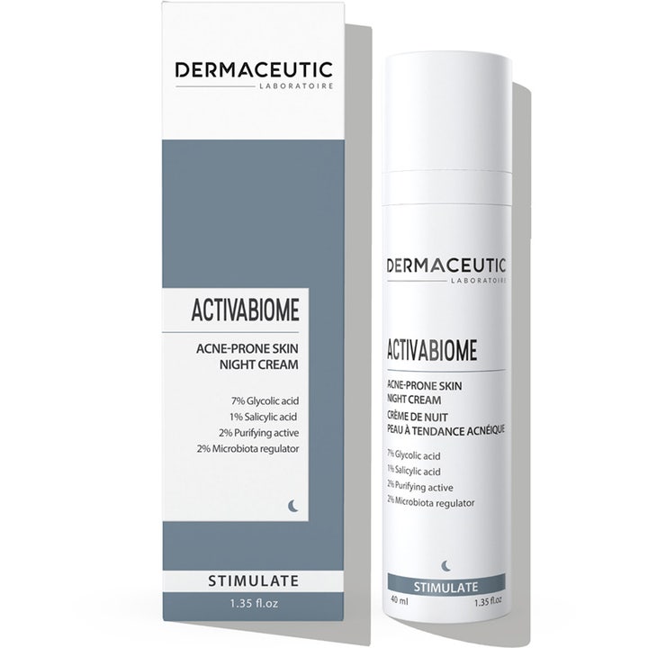 Dermaceutic Activabiome 40 ml nattkräm för oren hud i vit pumpflaska och box med bha exfoliering behandling.