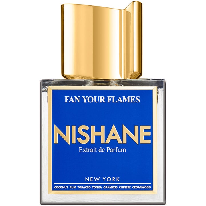 Nishane Fan Your Flames 100 ml intensiv nischparfym i fyrkantig glasflaska med blå etikett och guldfärgad kork
