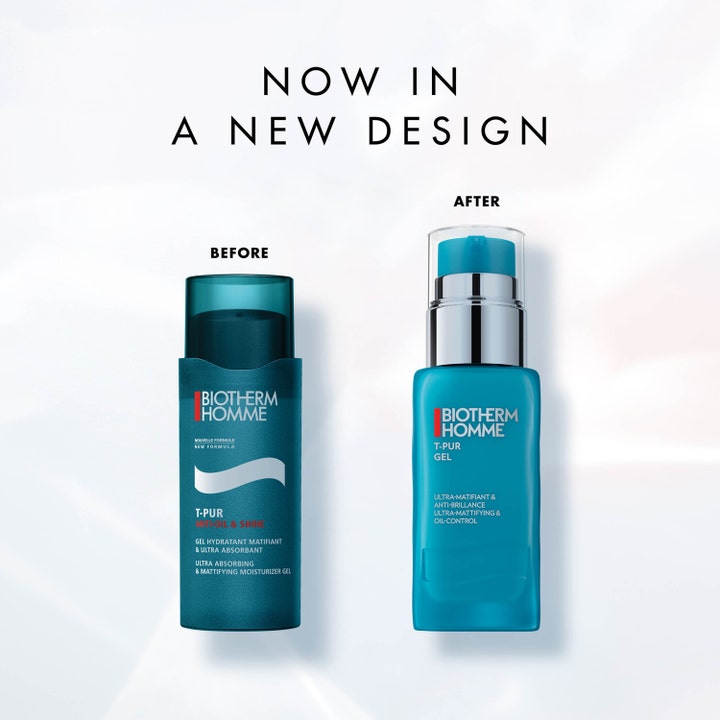 Biotherm Homme T-Pur Gel 50 ml mattifying gel visar ny design på turkos flaska som ger en ultra-matt finish.