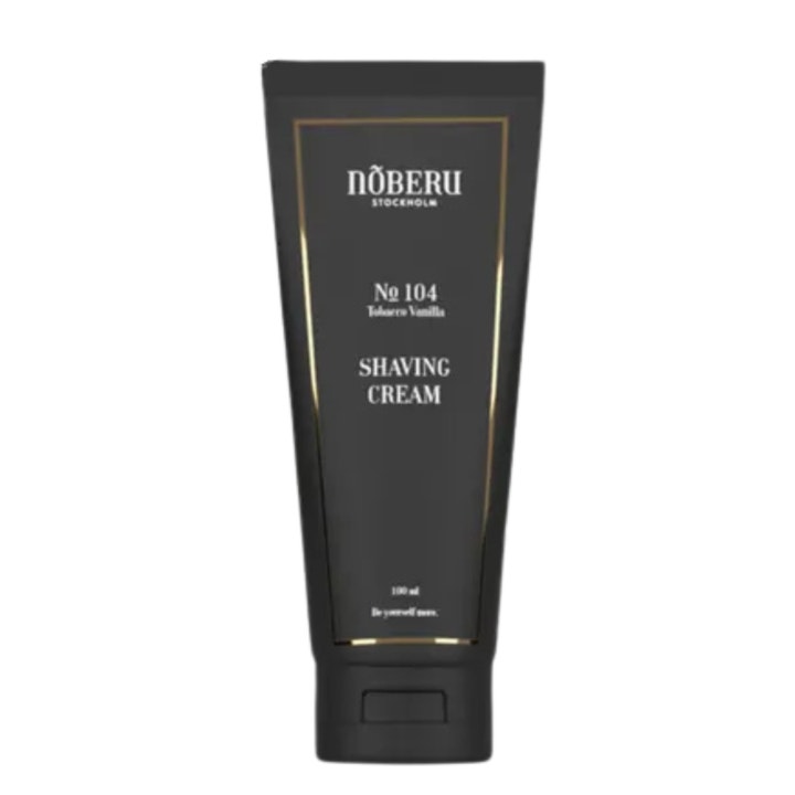 Nõberu No 104 Tobacco Vanilla Shaving Cream 100 ml rakkräm som ger mjukt glid i en matt svart tub med guldram.