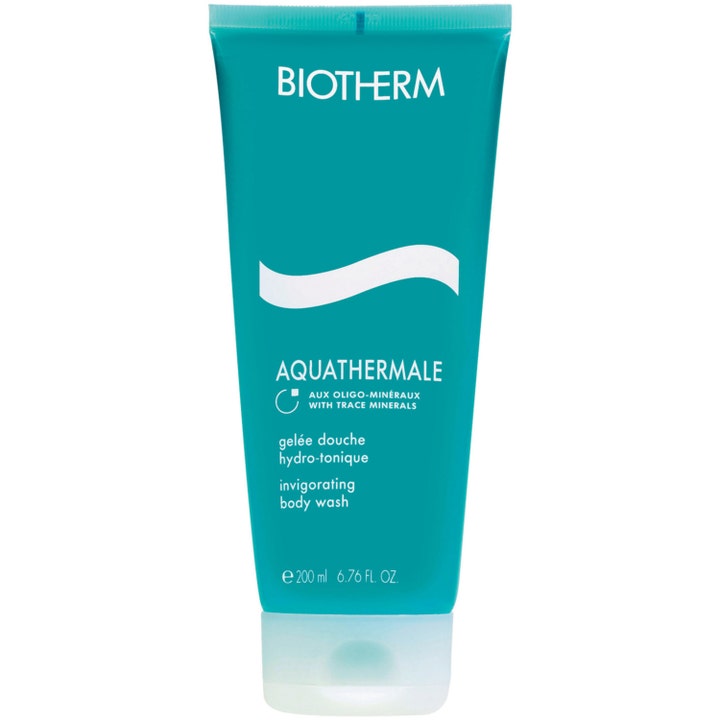 Biotherm Aquathermale 200 ml invigorerande duschtvål i turkos plasttub med vit logotyp och vitt lock.