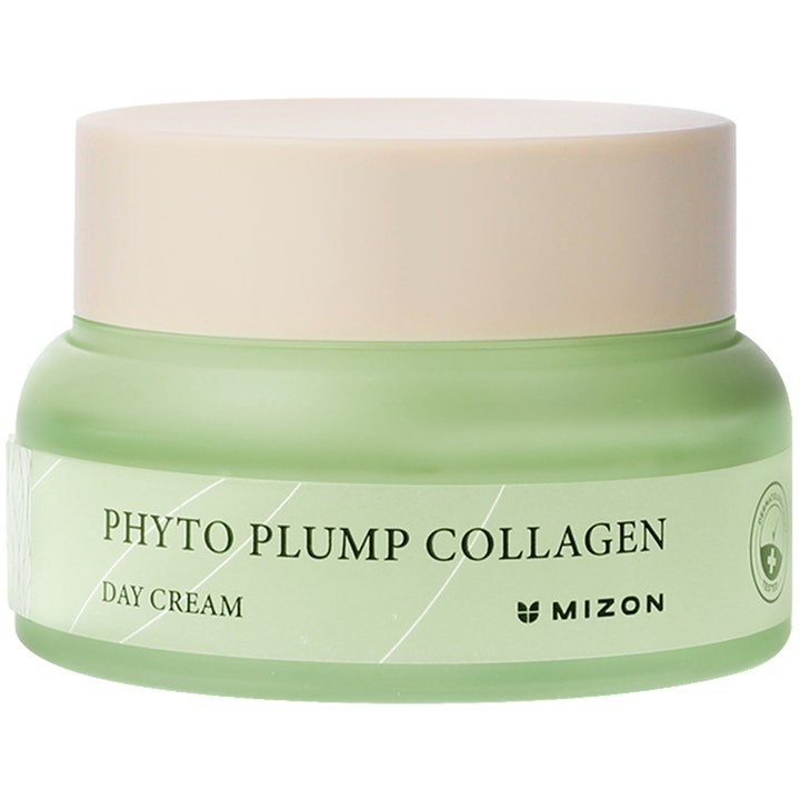 Mizon Phyto Plump Collagen Day Cream 50ml collagen dagkräm för fastare hud i en grön frostad glasburk med beige lock.