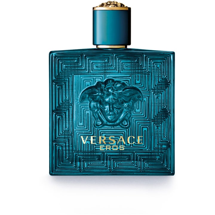 Versace Eros herrparfym som ger en frisk parfymdoft i turkos glasflaska med Medusa-huvud och grekiskt mönster.
