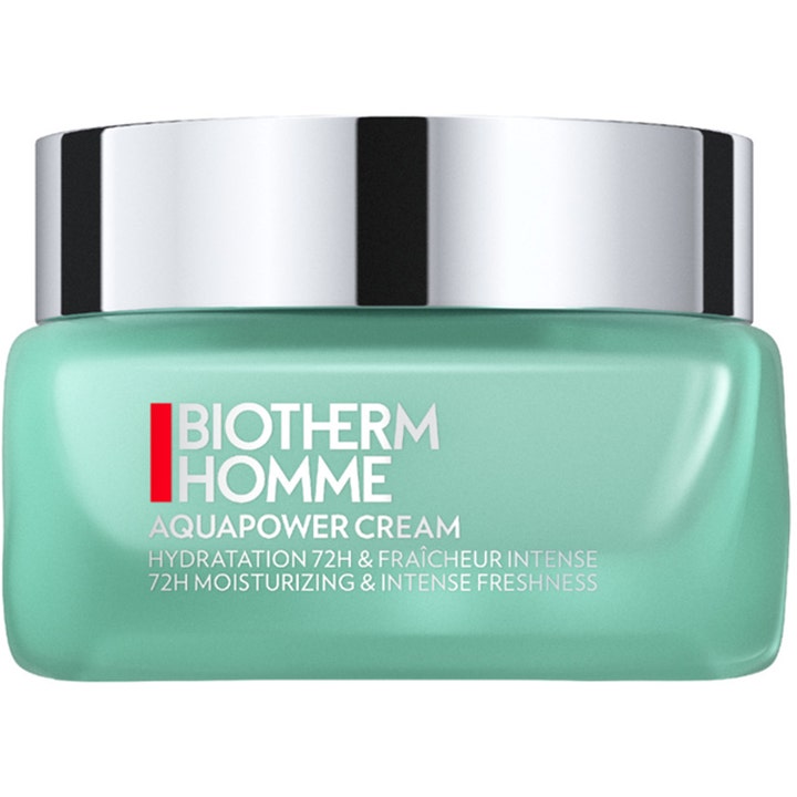 Biotherm Homme Aquapower Cream 72h återfuktande ansiktskräm i en turkos glasburk med ett glänsande silverlock.
