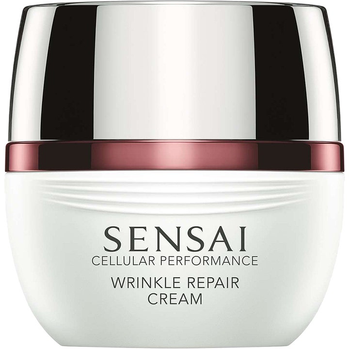 Sensai Cellular Performance Wrinkle Repair Cream anti aging rynkreducering i en vit rund burk med glansigt silverlock