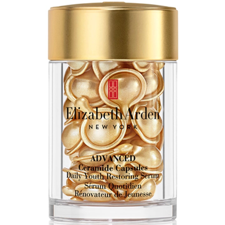 Elizabeth Arden Advanced Ceramide Capsules anti age behandling med ceramider ansiktsvård i burk med guldiga kapslar.