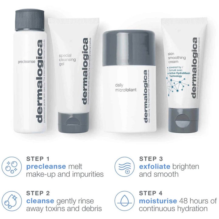 Dermalogica Discover Healthy Skin Kit hudvård i fyra steg för rengöring och fukt i vita flaskor och tuber.