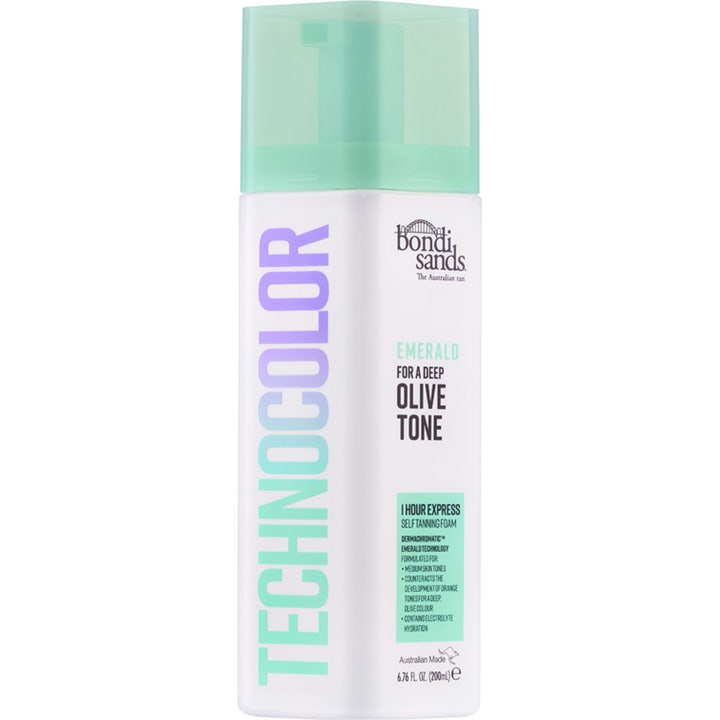 Bondi Sands Technocolor Emerald 200ml olivfärgad självbrun mousse ger solbränna på 1 timme i vit flaska med grönt lock.