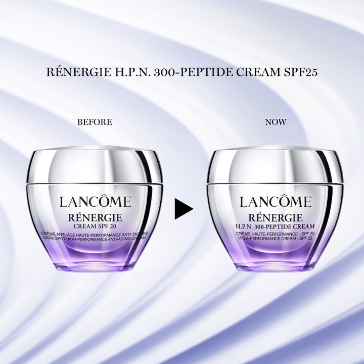 Lancôme Rénergie H.P.N. 300-Peptide Cream 50 ml anti-age peptidkräm visar ny silverburk med SPF 25 bredvid tidigare SPF 20