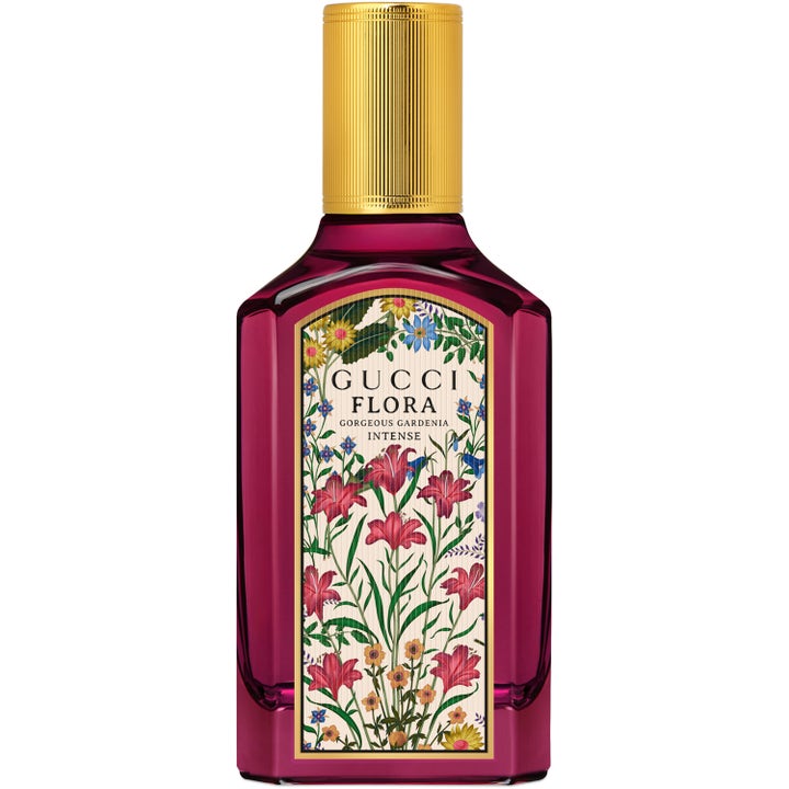 Gucci Flora Gorgeous Gardenia Intense 50ml parfym i mörkrosa glasflaska med guldfärgad kork och blommig etikett