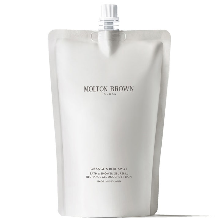 Molton Brown Orange & Bergamot Bath & Shower Gel Refill lyxig duschtvål i vit refillpåse med frisk citrusdoft