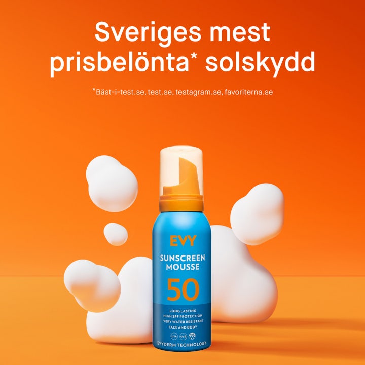 EVY Technology Sunscreen Mousse SPF50 100 ml solkräm med infografik om membrane technology i hudens olika lager.