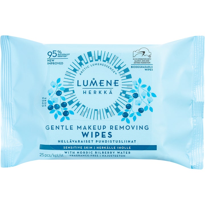 Lumene Herkkä 25 st biologiskt nedbrytbara rengöringsservetter för mild sminkborttagning i ljusblå plastförpackning.