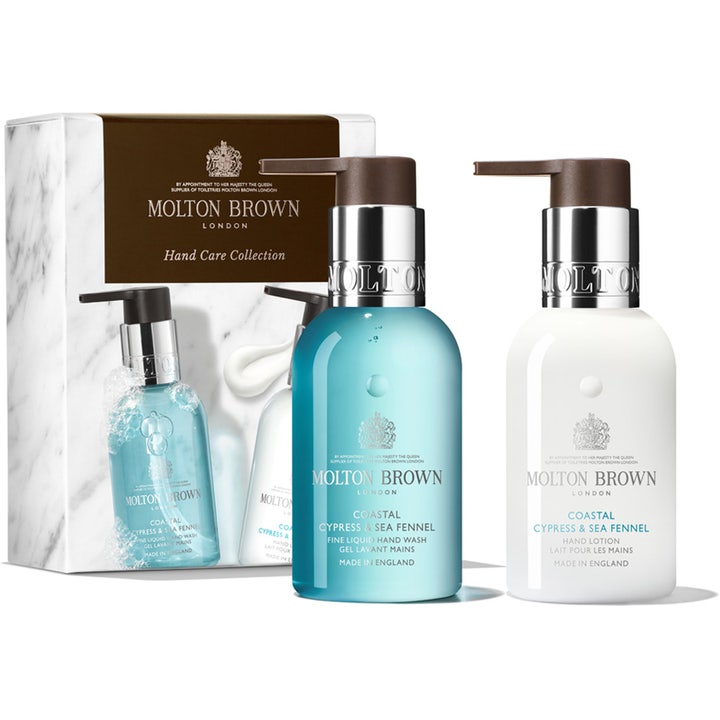 Molton Brown Coastal Cypress & Sea Fennel 2x300ml handtvål och handkräm set i blå och vit pumpflaska med marmormönstrad box