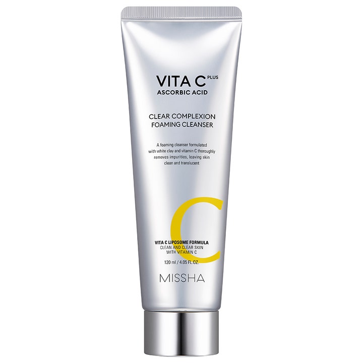 Missha Vita C Plus 120 ml djuprengörande ascorbinsyra rengöring i en silvrig tub med gult tryck