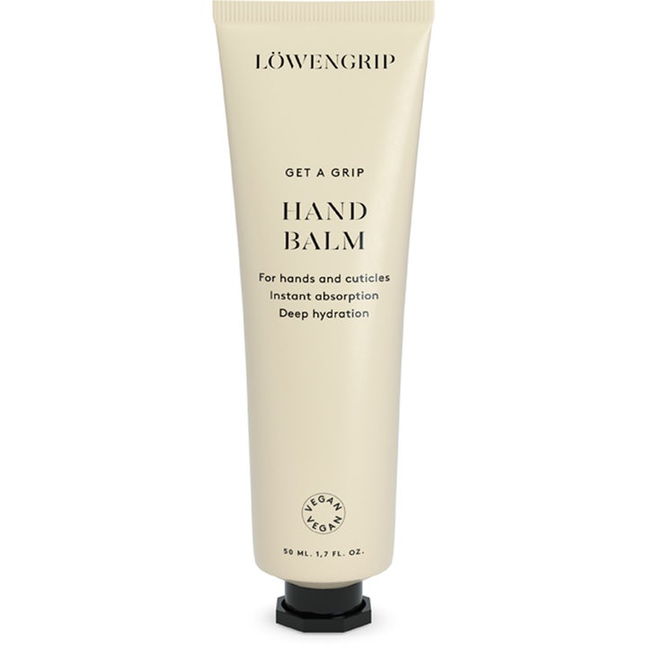 Löwengrip Get A Grip Hand Balm 50 ml snabbabsorberande handkräm i en beige tub med stilrent svart åttakantigt lock