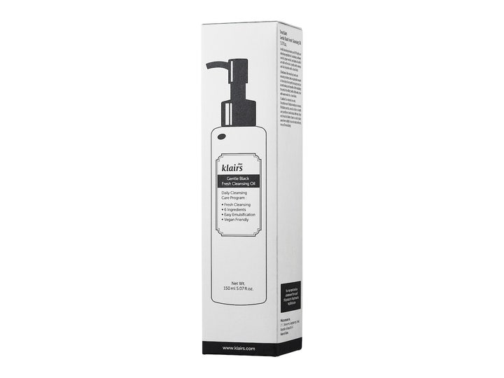 Klairs Gentle Black Fresh Cleansing Oil 150 ml djuprengörande rengöringsolja ansikte i vit kartong med illustration