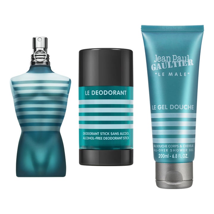 Jean Paul Gaultier Le Male Trio 400 ml frisk herrparfym i gåvoset med turkosblå randig torsoflaska, deostick och tub