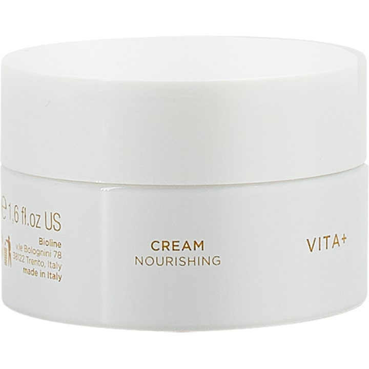 Bioline Vita+ Nourishing Cream 50 ml återfuktande ansiktskräm daglig vård i en vit burk med guldtext och vitt lock.