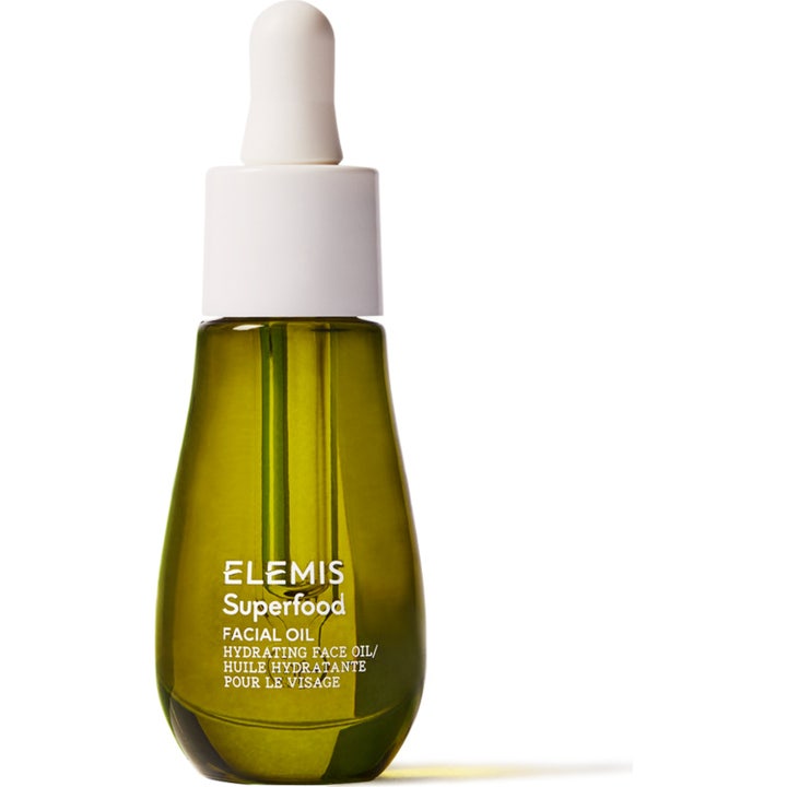 Elemis Superfood Facial Oil 15 ml återfuktande ansiktsolja för glöd i grön glasflaska med vit pipett