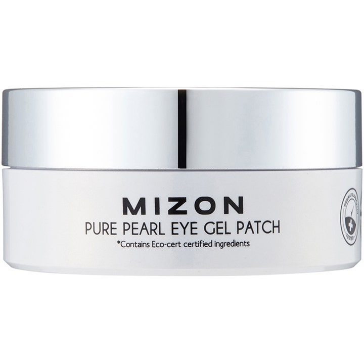 Mizon Pure Pearl Eye Gel Patch lystergivande ögonmasker i en stilren vit burk med ett reflekterande silverlock